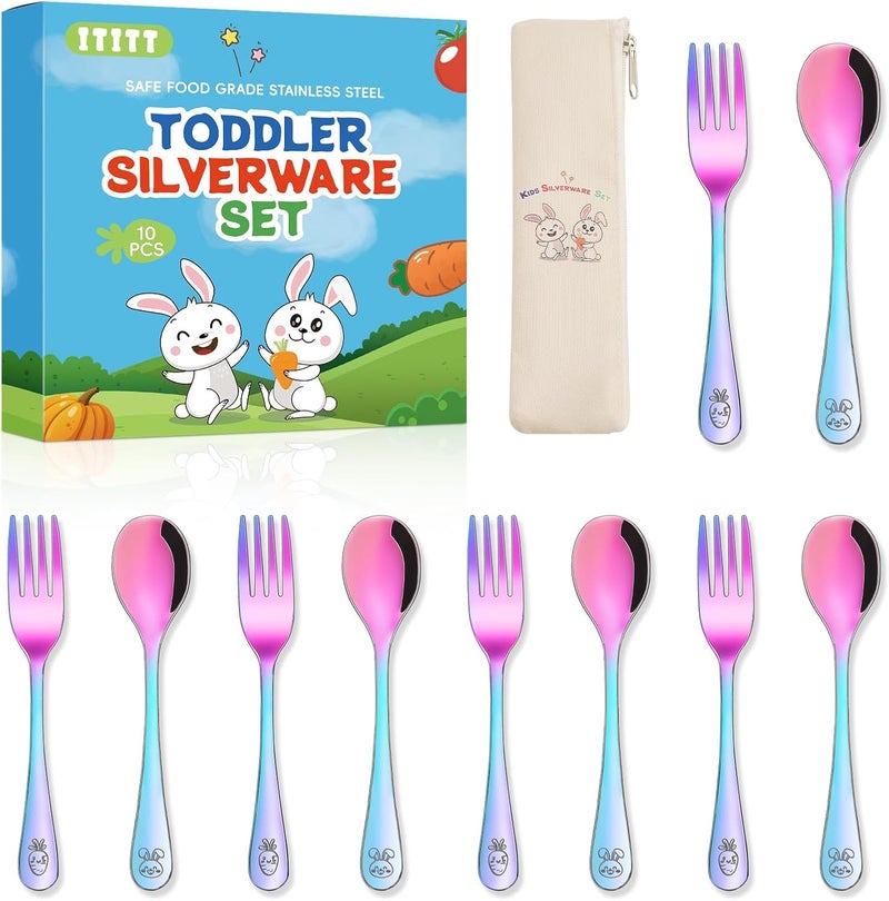 ITITT 10 Pieces Stainless Steel Rainbow Toddler Utensils Set - Food Grade Kids Silverware Set Children Safe Small Forks and Spoons Mirror Polished Sturdy and Durable Dishwasher Safe - Image 1